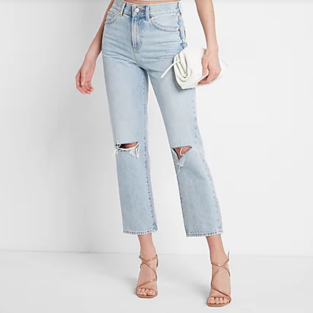 Express Jeans Size 0 Straight Ankle High Rise Ripped - Picture 2 of 9